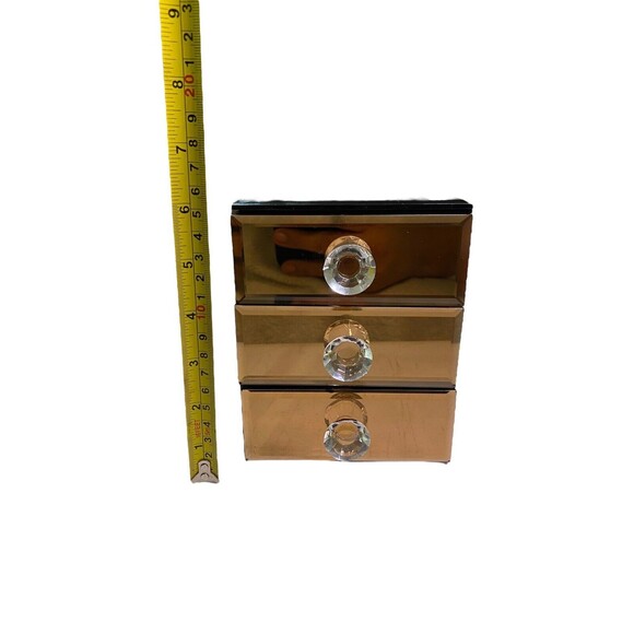 Allure Mirrored Jewelry Box Amber Smoke 3 Compartments Clear Crystal Gem Knobs - Picture 4 of 16